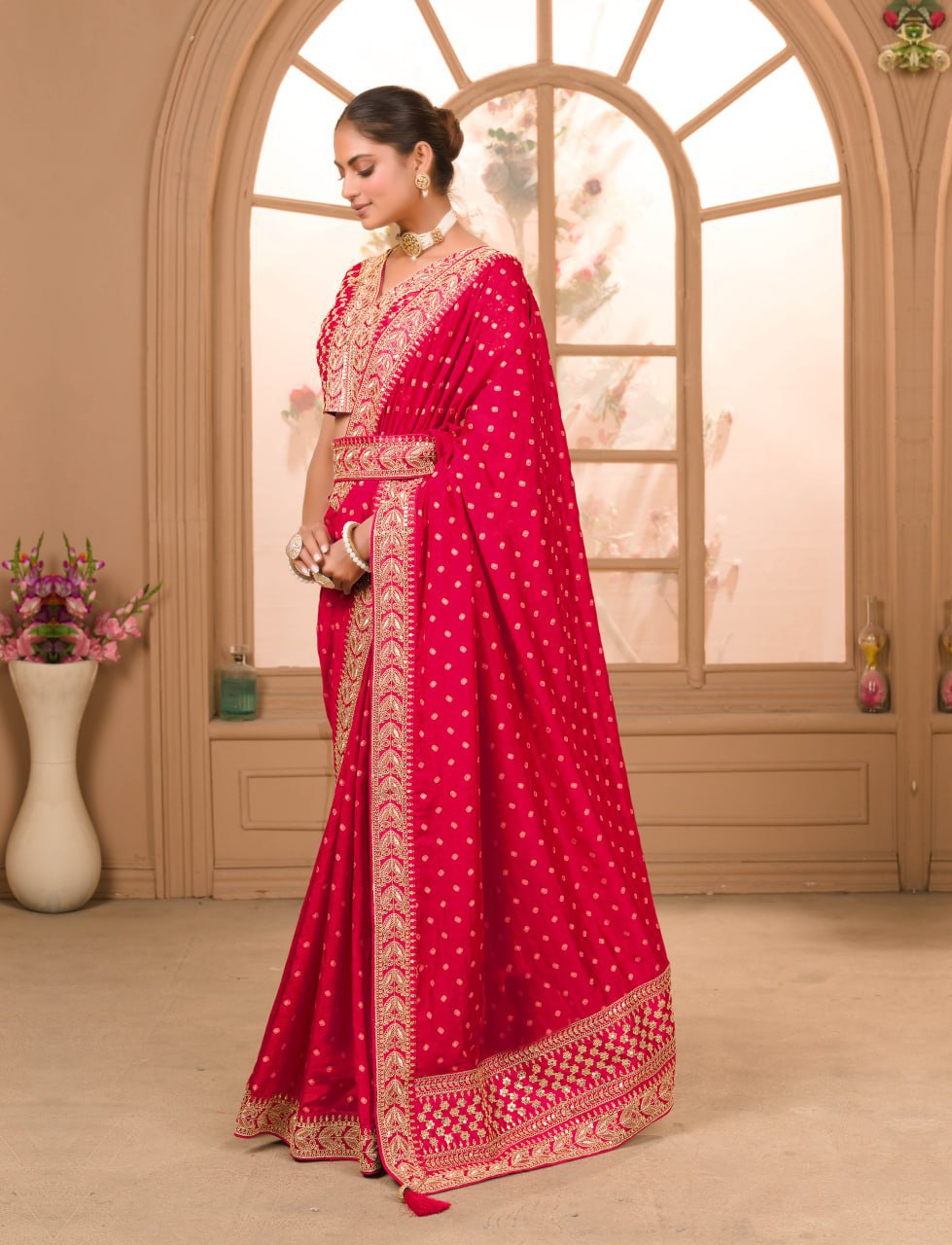 RANI COLOUR ZARI SEQUENCE WORK DESIGNER SAREE WITH BLOUSE