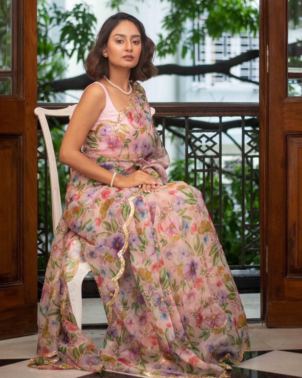 Pink Hand-embroidered Organza Silk Saree