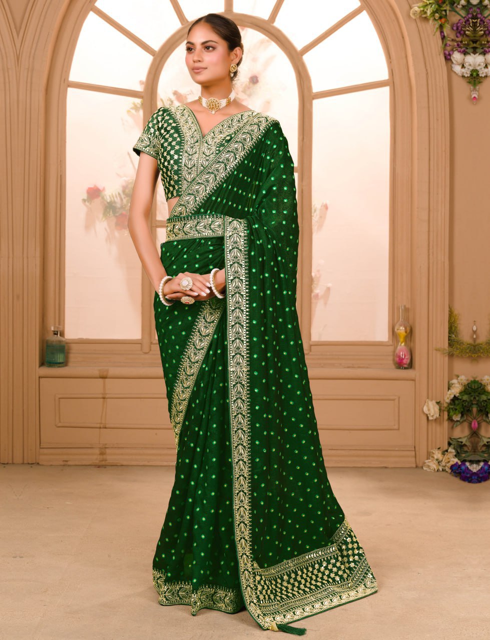 GREEN COLOUR ZARI SEQUENCE WORK DESIGNER SAREE WITH BLOUSE