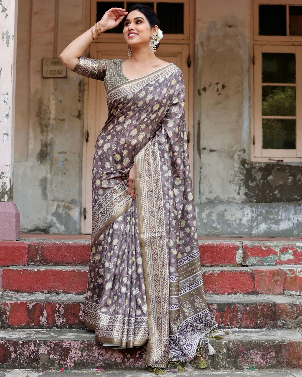 Mauve Taupe Pure Silk Digital Printed Saree