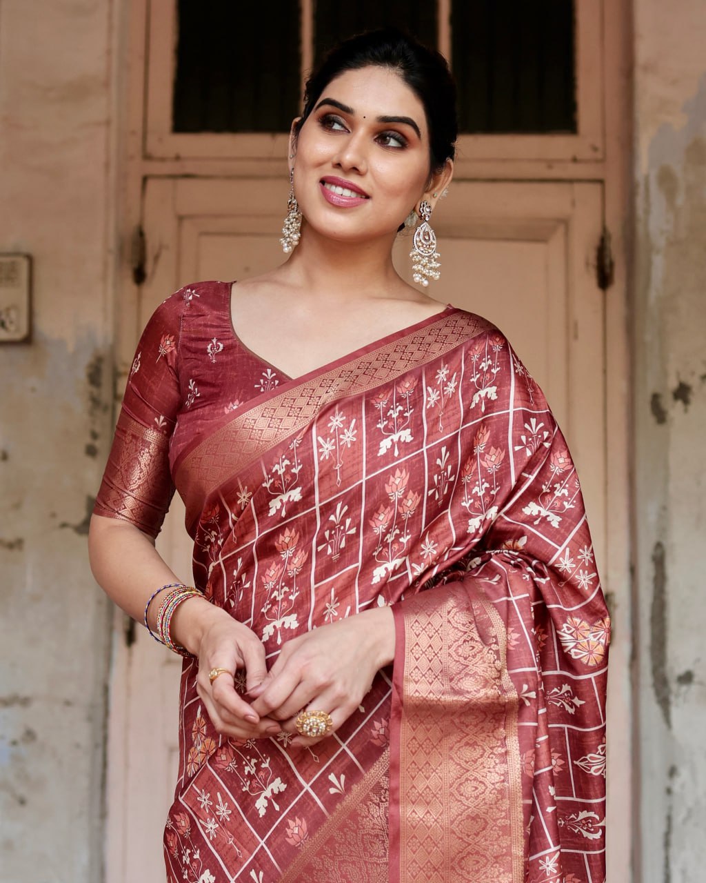 Marron Color Pure Silk Digital Printed Party Wear Saree