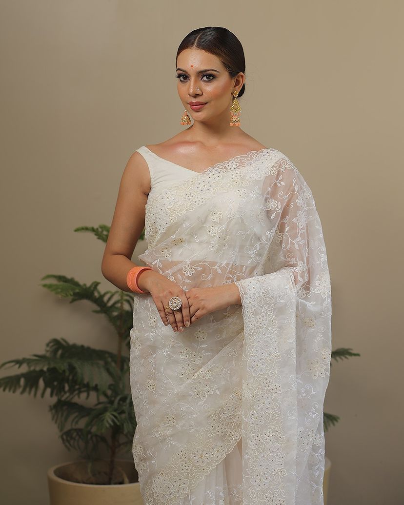 Pure soft Off-white silk organza saree