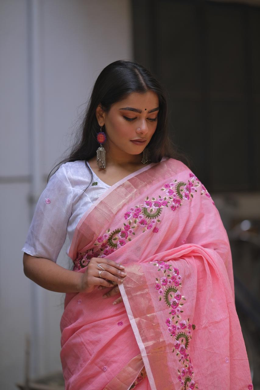 Embroidery Soft Linen Designer Sarees