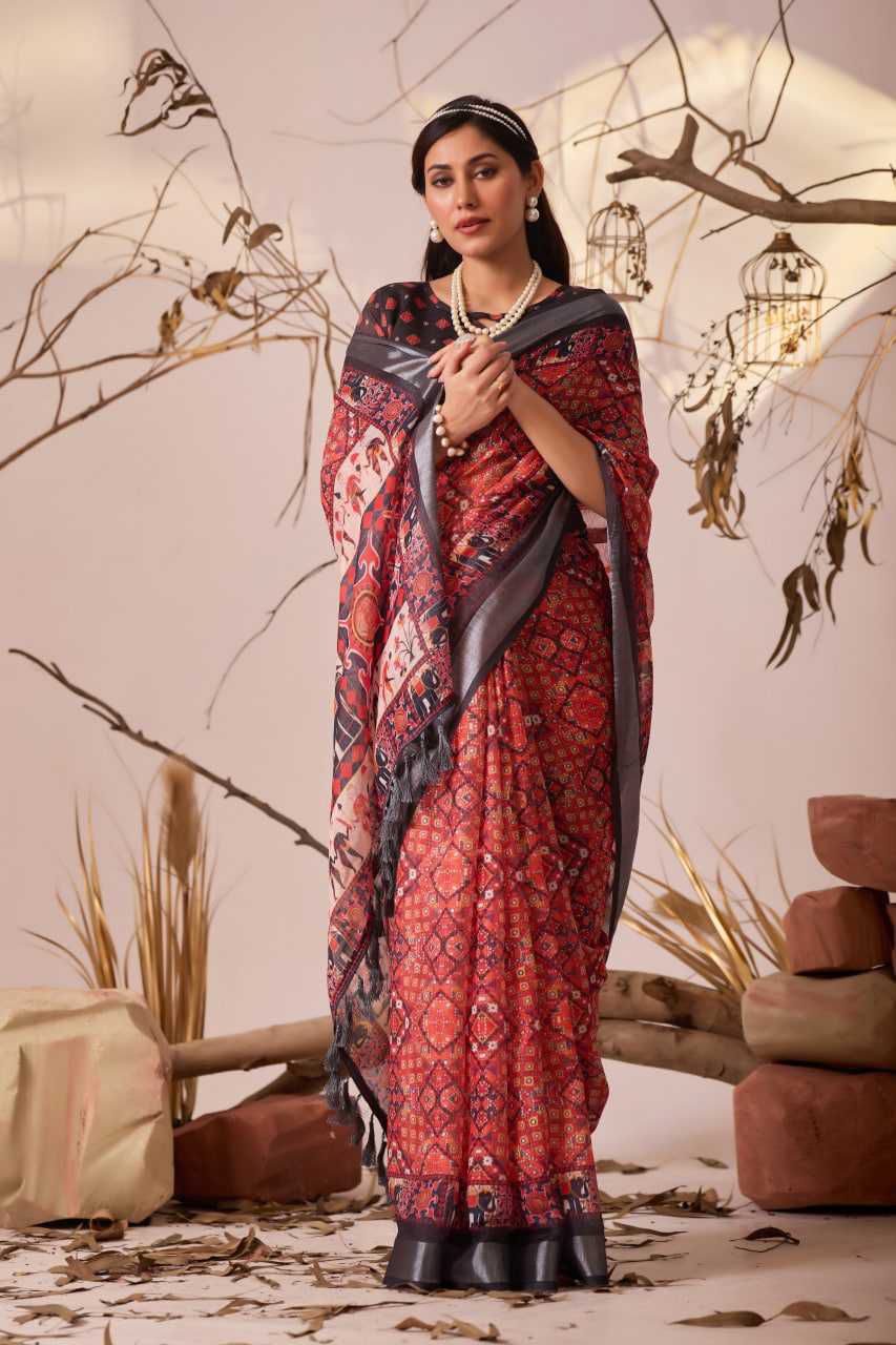Premium Linen Cotton Saree with Digital Floral & Ethnic Print and Patola Style Contrast Border