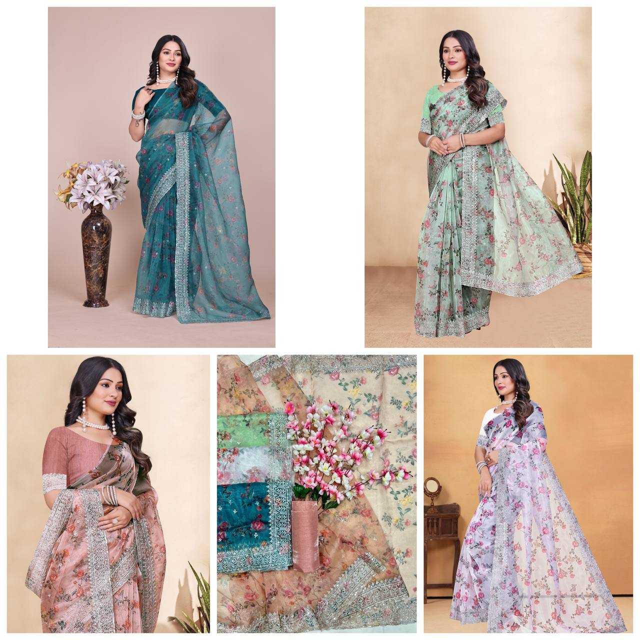Tissue Organza Saree with Digital Floral Print & Embroidery Work
