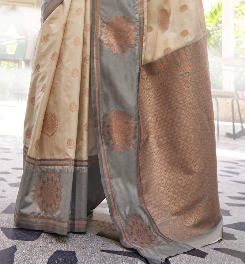 Pure Katan Banarsi Weaving Silk Blend Saree (Beige)
