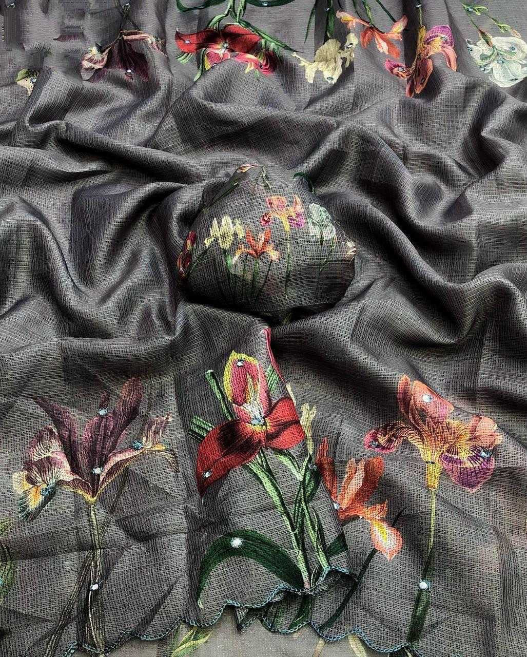 Soft Kota Checks Saree with Floral Digital Print, Foil Mirror Embroidery & Scalloped Cutwork Border