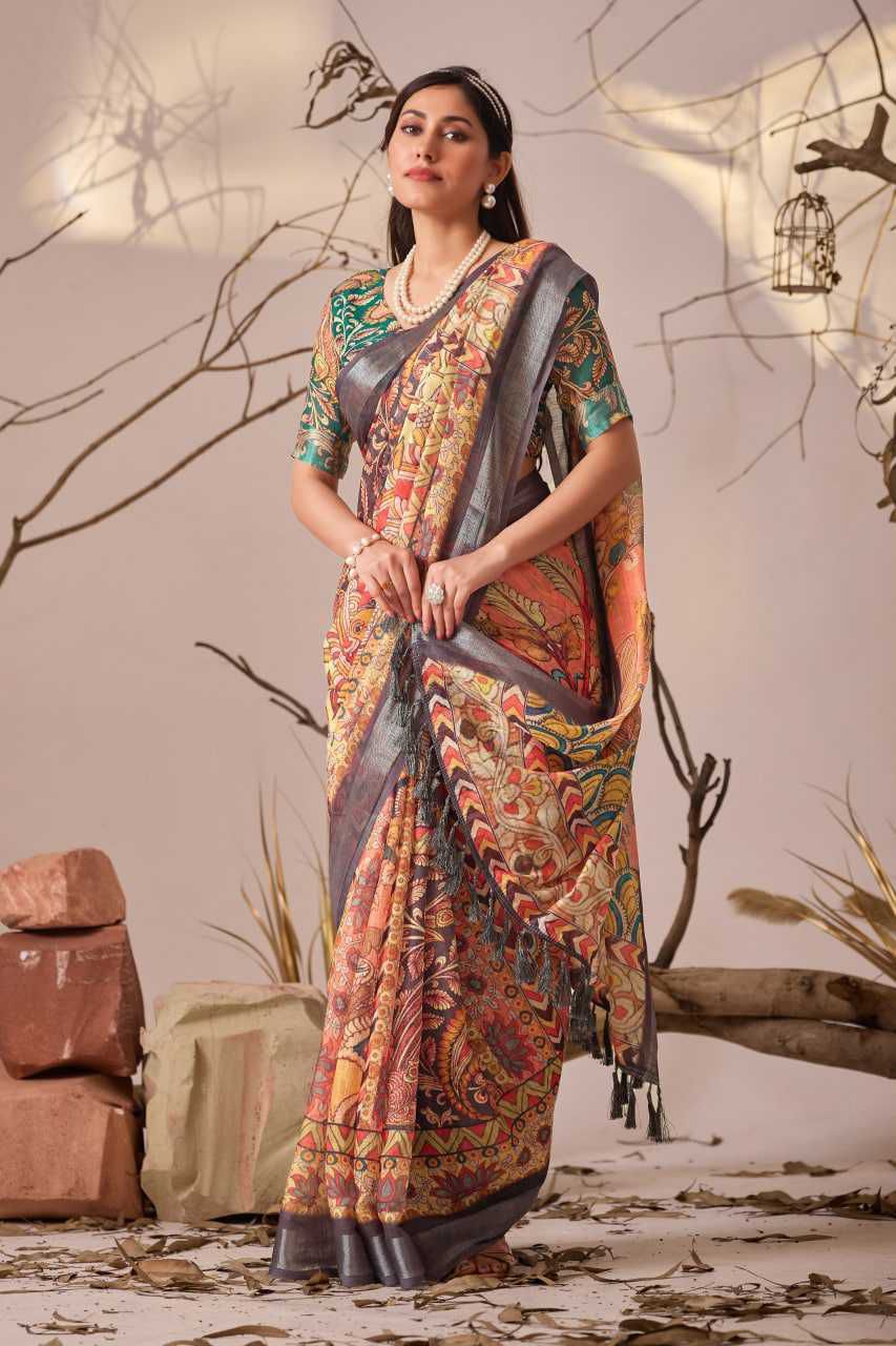 Premium Linen Cotton Saree with Digital Floral & Royal Ethnic Print and Patola Style Border