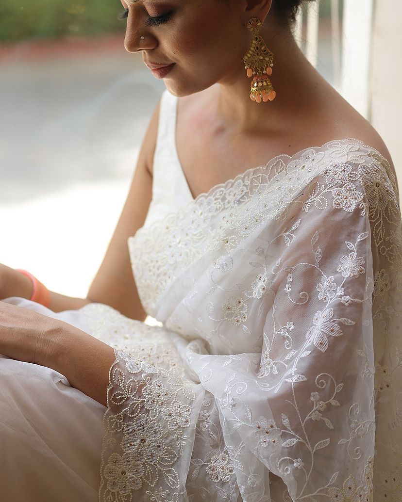 Pure soft Off-white silk organza saree