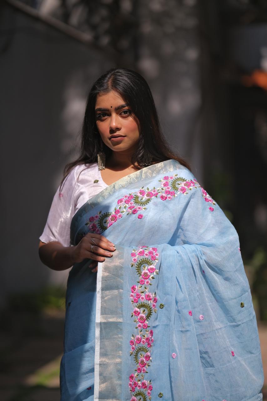 Embroidery Soft Linen Designer Sarees