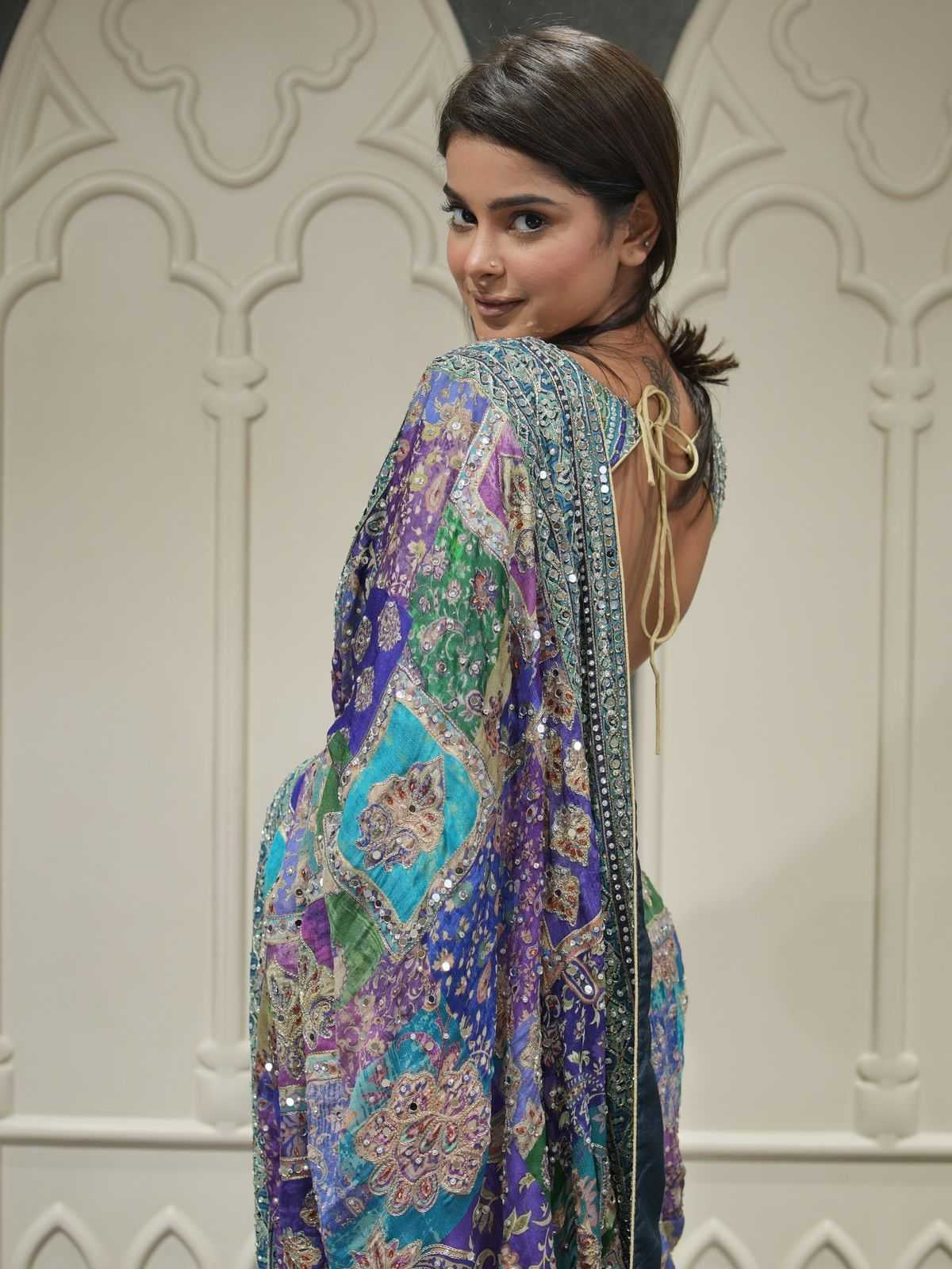 Premium Chinnon Saree with Gold Zari & Handcrafted Mirror Work