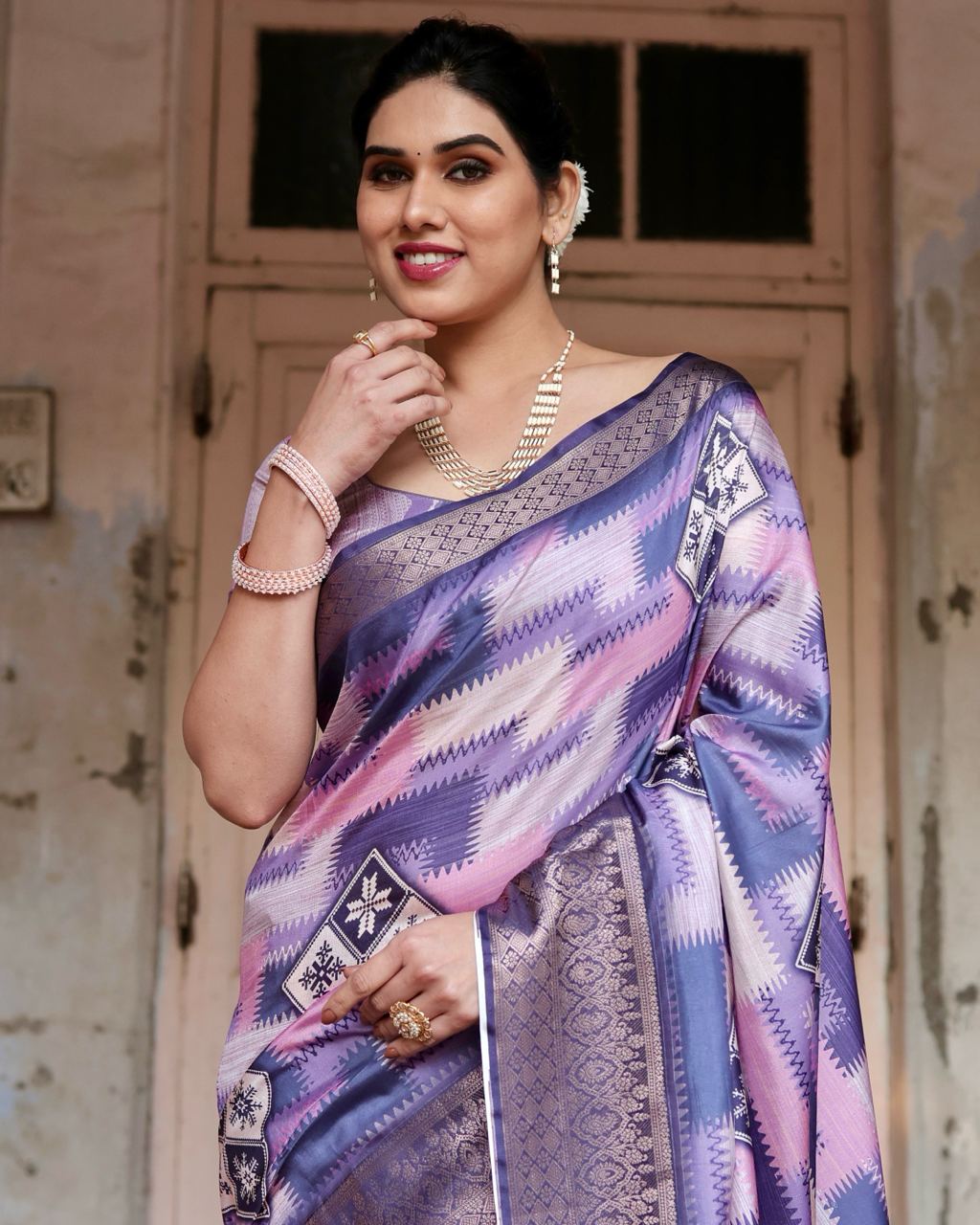 Lavender Peach Digital Print Dolla Silk Party Wear Ethnic Saree With Blouse