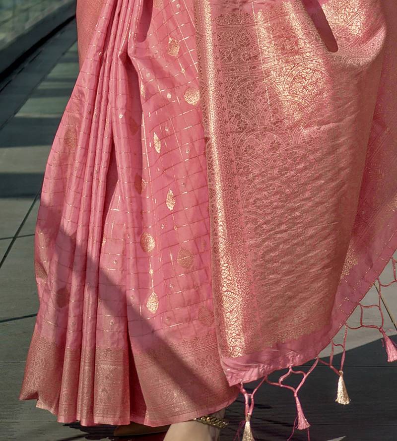 Pure Katan Silk Checks Handloom Weaving Saree (Pink)