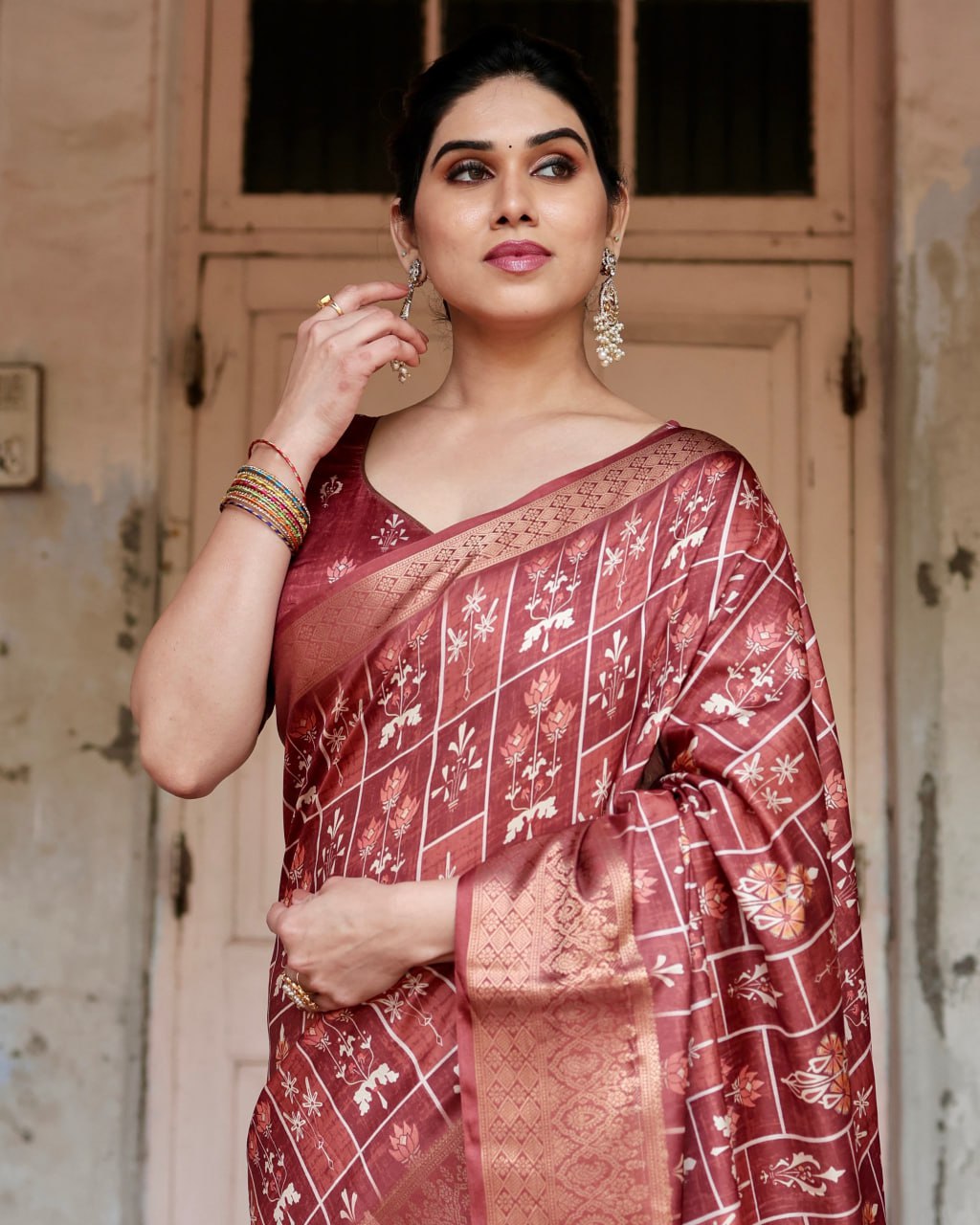Marron Color Pure Silk Digital Printed Party Wear Saree