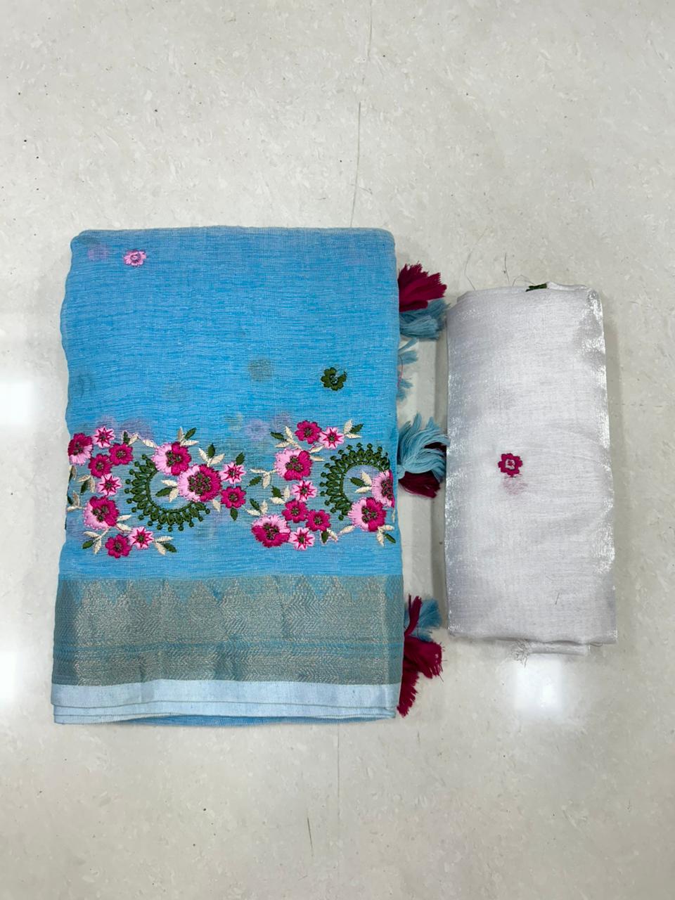 Embroidery Soft Linen Designer Sarees
