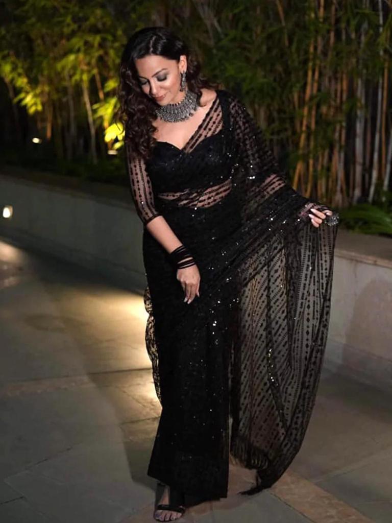 Black Color Glorious Premium Nylon Mono Net With 5 MM Sequence Work nd Tassels Saree For Women