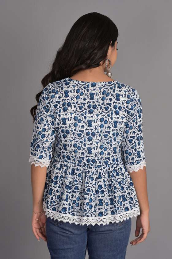 Cotton Sky Blue Casual Wear Printed Readymade Top