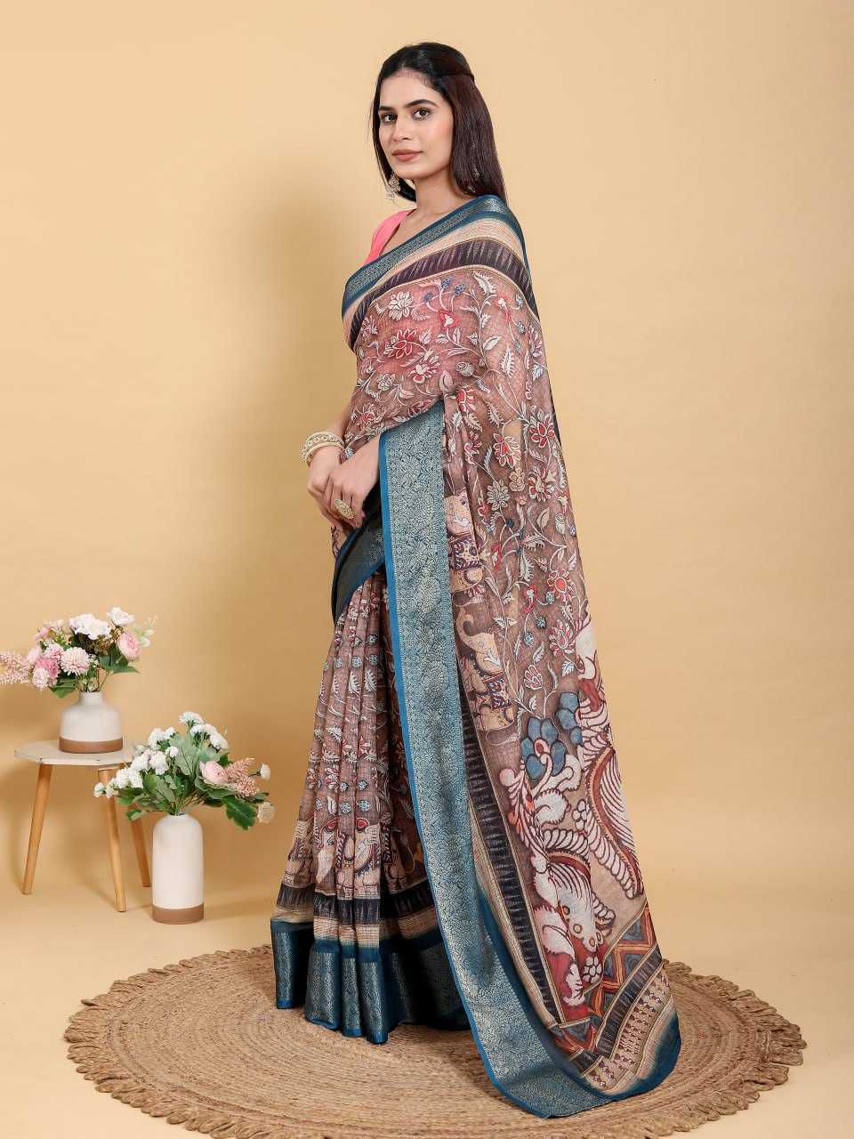 Jacquard Patta Linen Cotton Saree with Traditional Artistic Print & Teal Blue Border