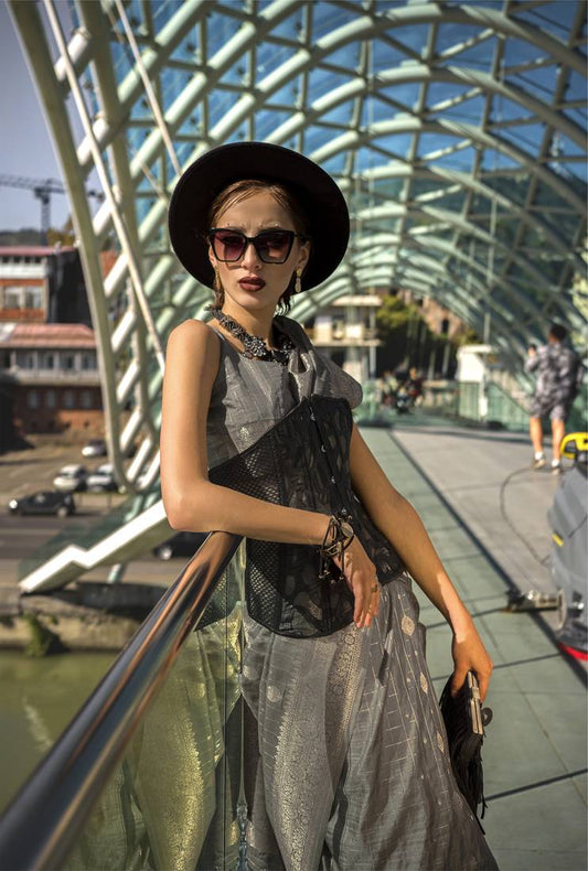 Pure Katan Silk Checks Handloom Weaving Saree (Grey)