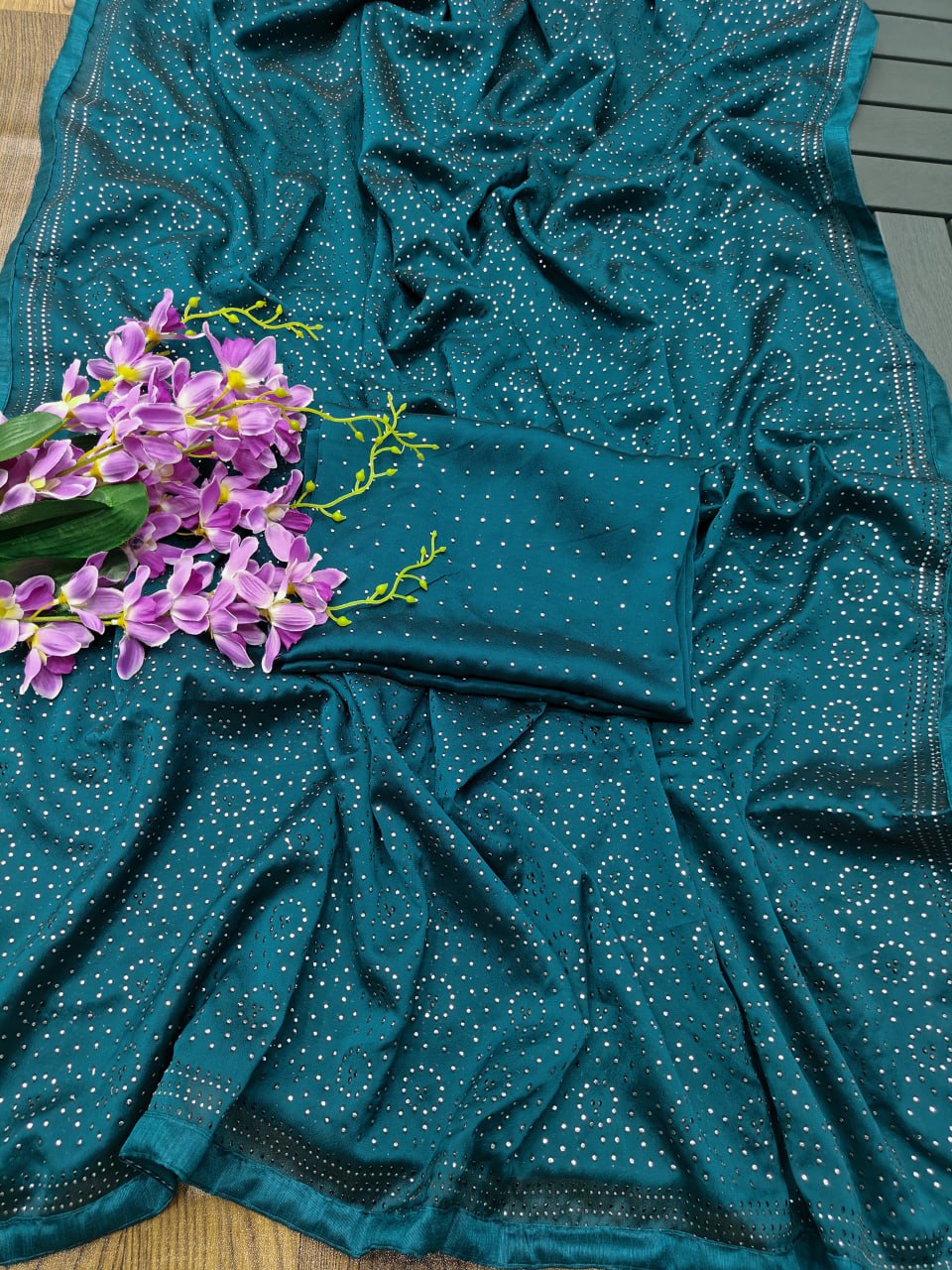 Peacock Blue Swarovski Semi Crepe Designer Saree