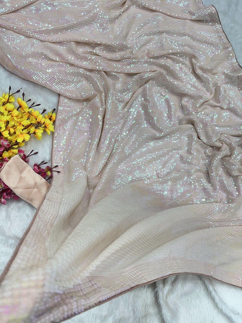 Heavy Georgette Saree Sequins embroidery work with back patch and piping