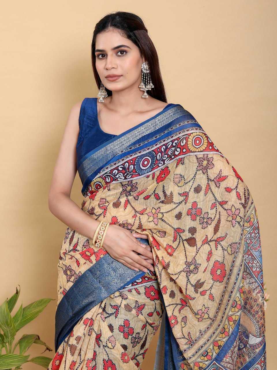 Jacquard Patta Linen Cotton Saree with Floral Print & Peacock Motif Pallu