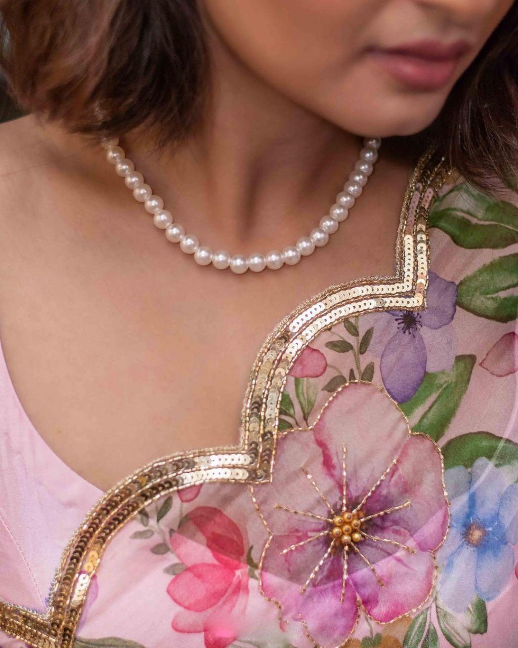 Pink Hand-embroidered Organza Silk Saree
