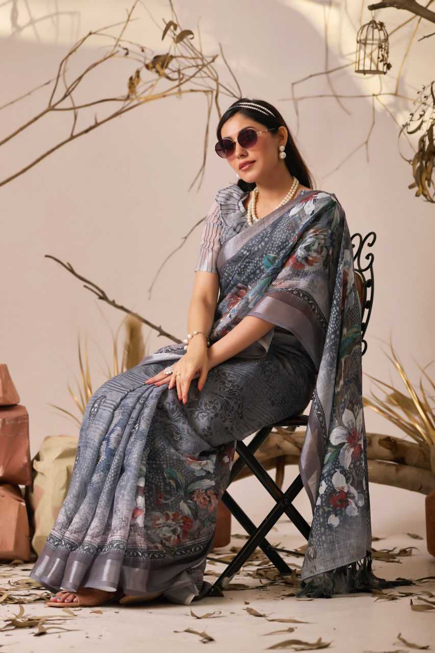 Premium Linen Cotton Saree with Digital Floral & Ethnic Print and Patola Style Border