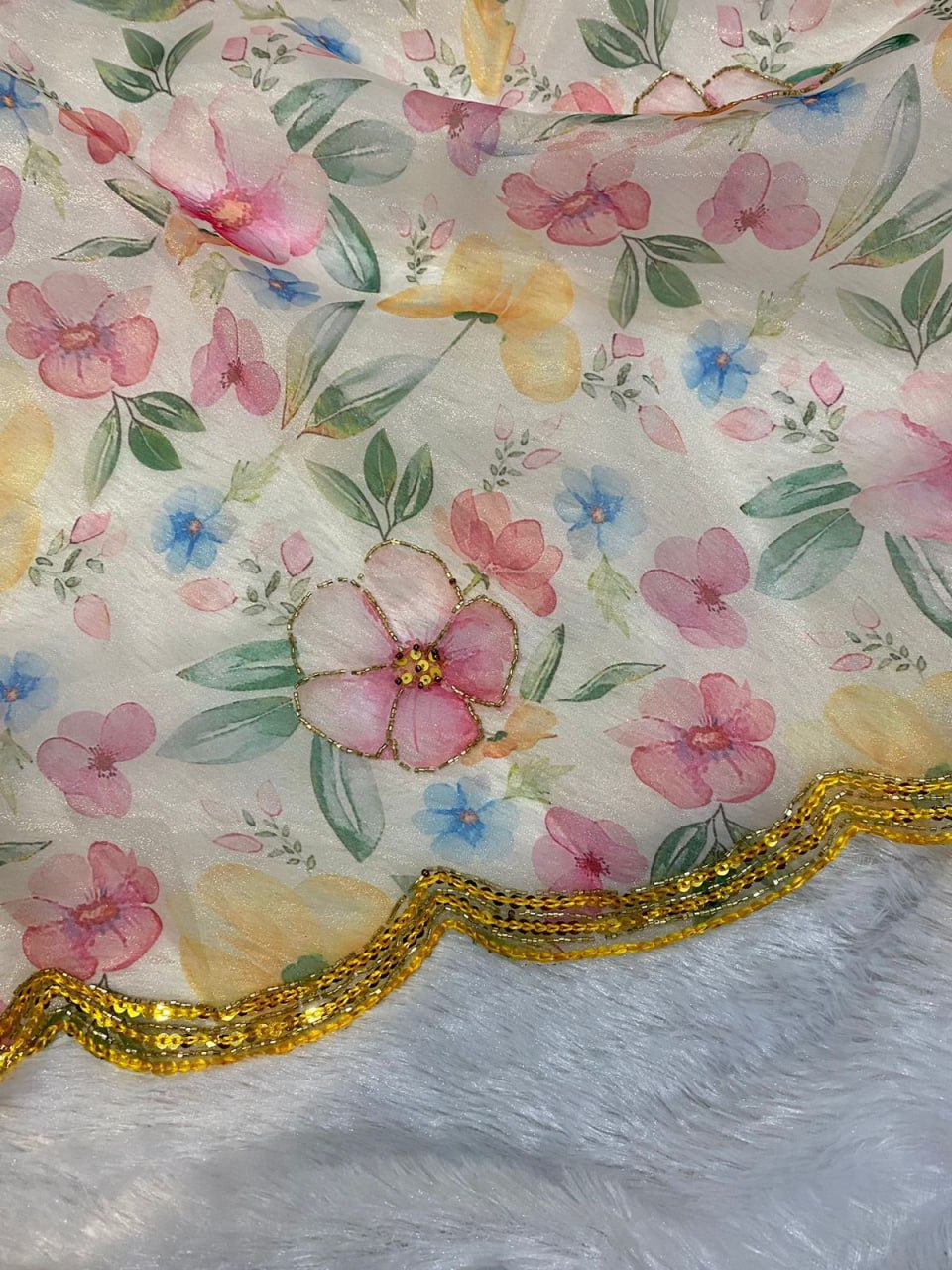 Pink Hand-embroidered Organza Silk Saree