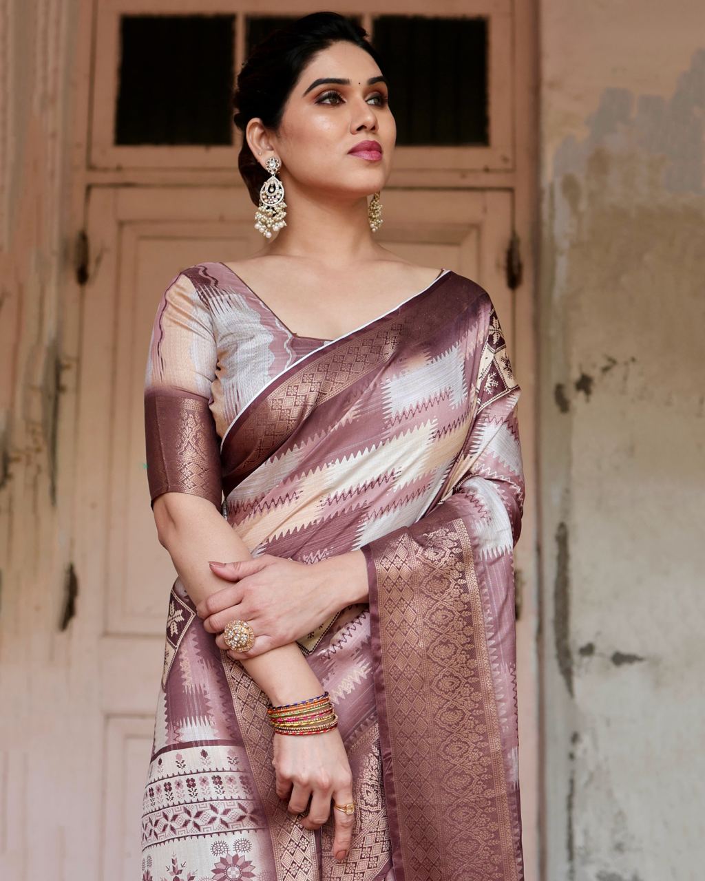 Brown Green Digital Print Dolla Silk Party Wear Ethnic Saree With Blouse