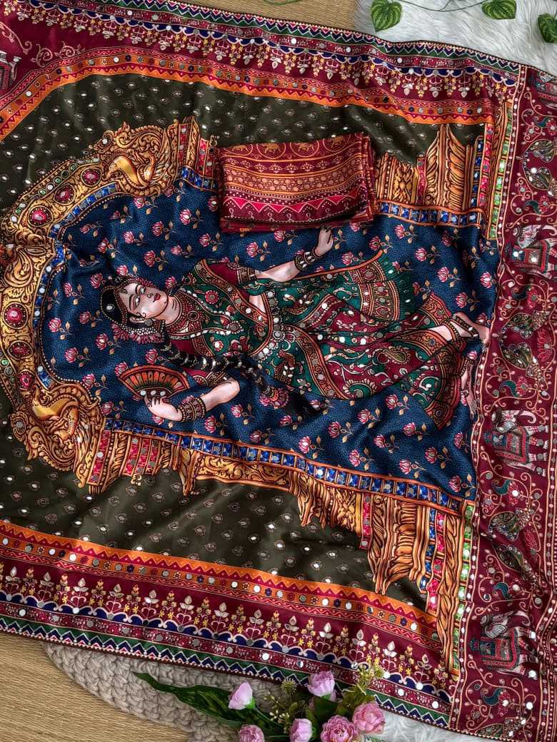 Premium Japan Satin Saree with Real Mirror Work, Moti Tassels & Gota Border