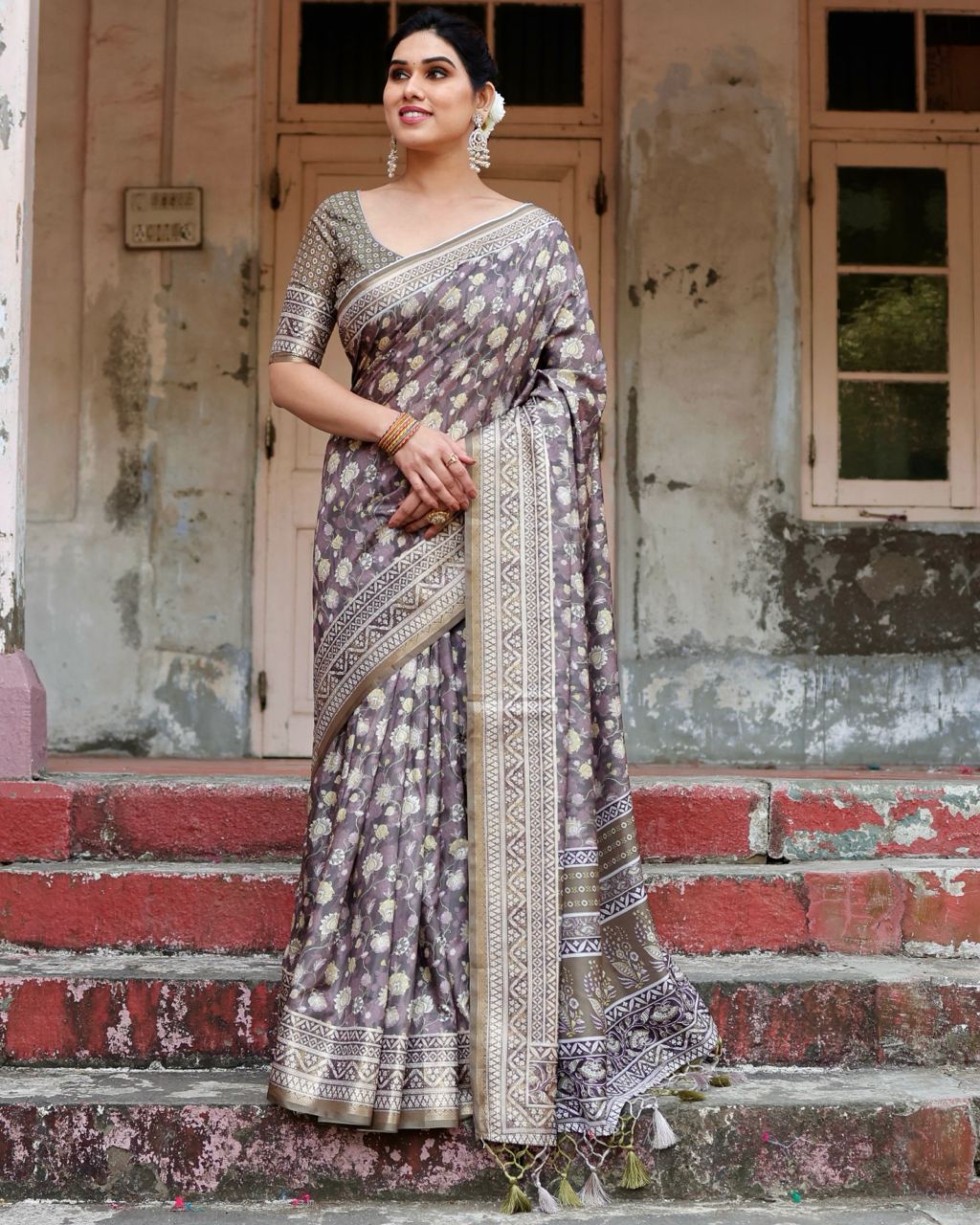 Mauve Taupe Pure Silk Digital Printed Saree