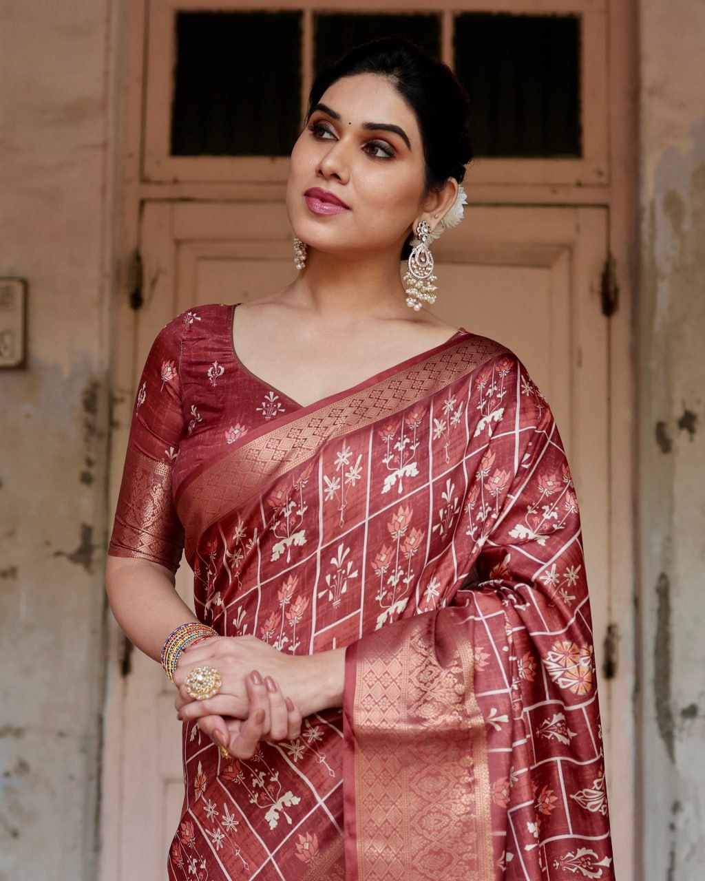 Marron Color Pure Silk Digital Printed Party Wear Saree