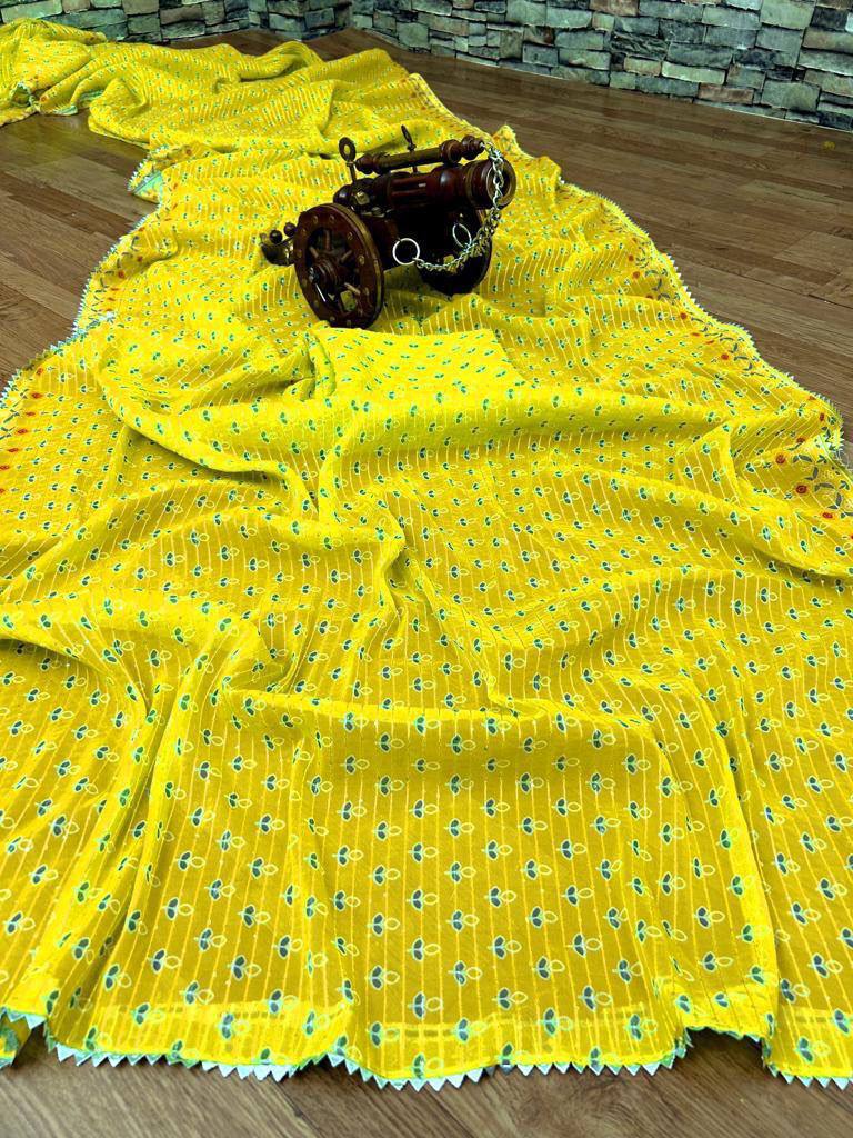 GEORGEET SAREE WITH DIGITAL PRINT DESIGN WITH CROSEK SEQUENCE DESIGN WORK