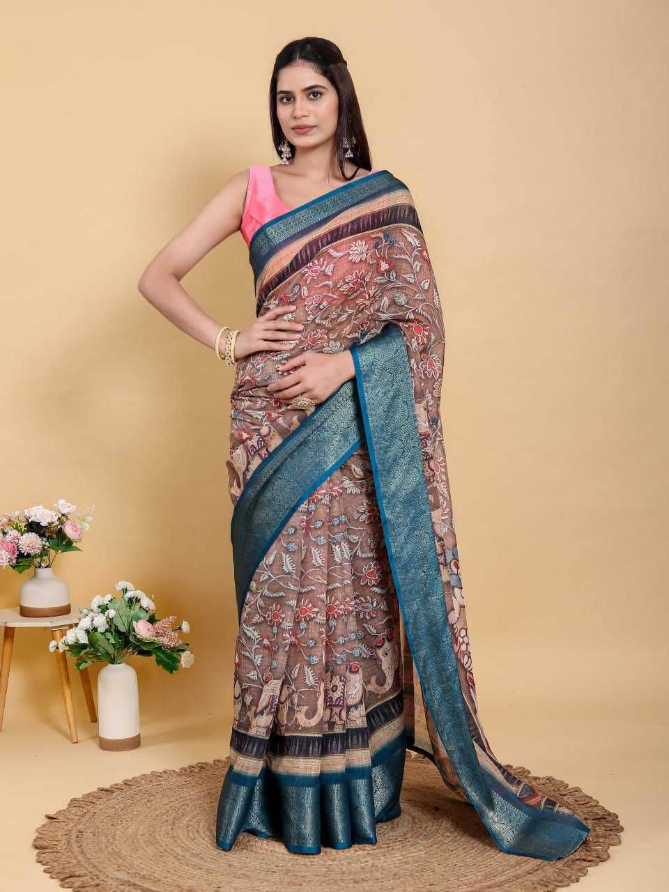 Jacquard Patta Linen Cotton Saree with Traditional Artistic Print & Teal Blue Border