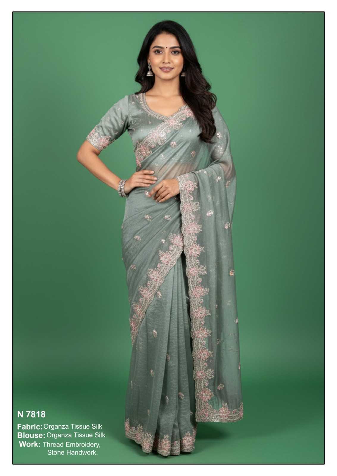 Organza Embroidered and Thread Work Contemporary Sari for Ceremonial