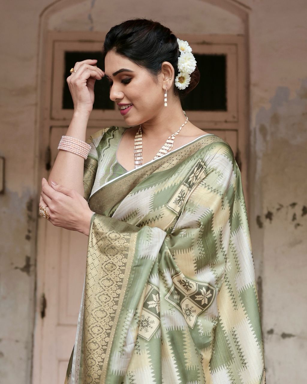 Green Digital Print Dolla Silk Party Wear Ethnic Saree With Blouse