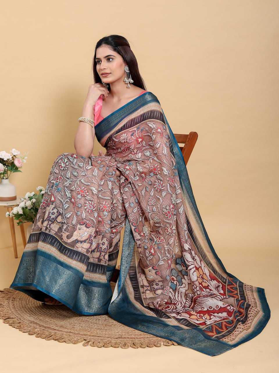 Jacquard Patta Linen Cotton Saree with Traditional Artistic Print & Teal Blue Border