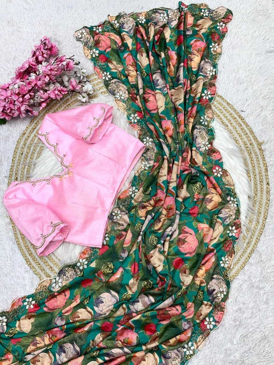 Designer Soft Chinon Saree with Digital Print and Handwork C-Pallu