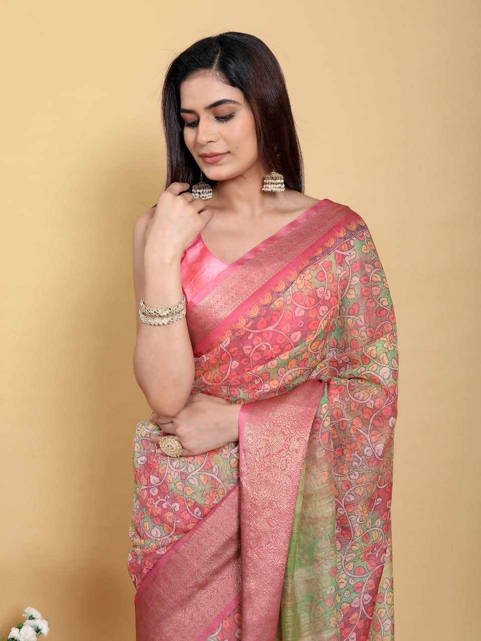 Premium Linen Cotton Saree with Jacquard Patta Weaving and Contrast Border
