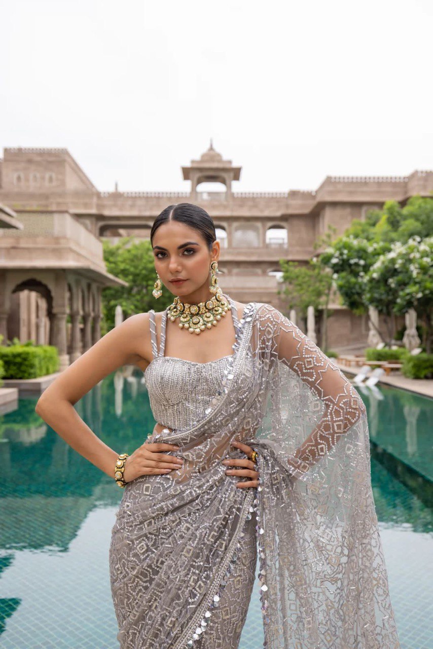 BUTTERY FLY HEAVY NET WITH SEQUANCE WORK SAREE