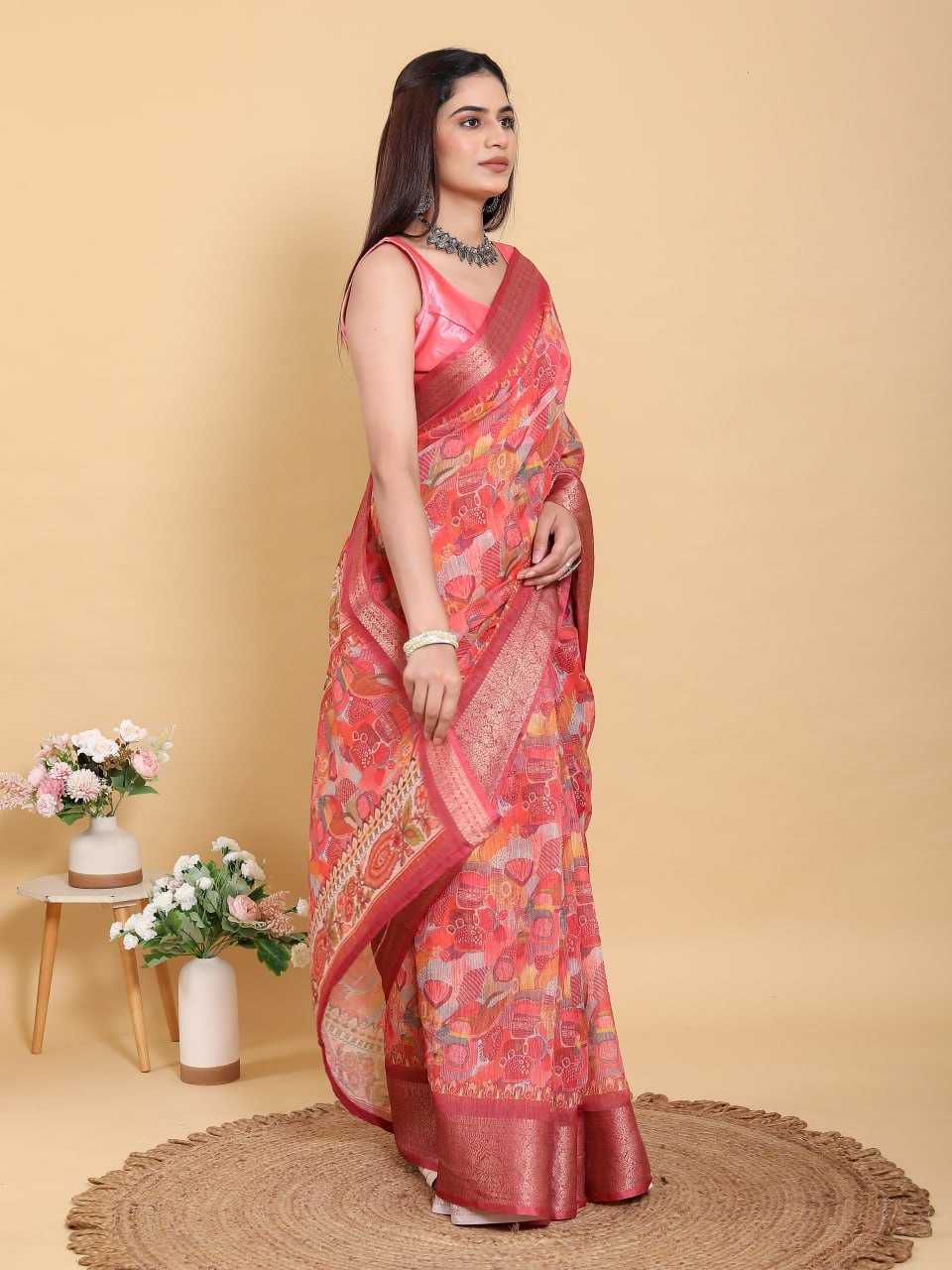Jacquard Patta Linen Cotton Saree with Artistic Print