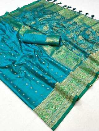 Ocean Blue Satin Banarasi Silk Saree With Blouse Piece