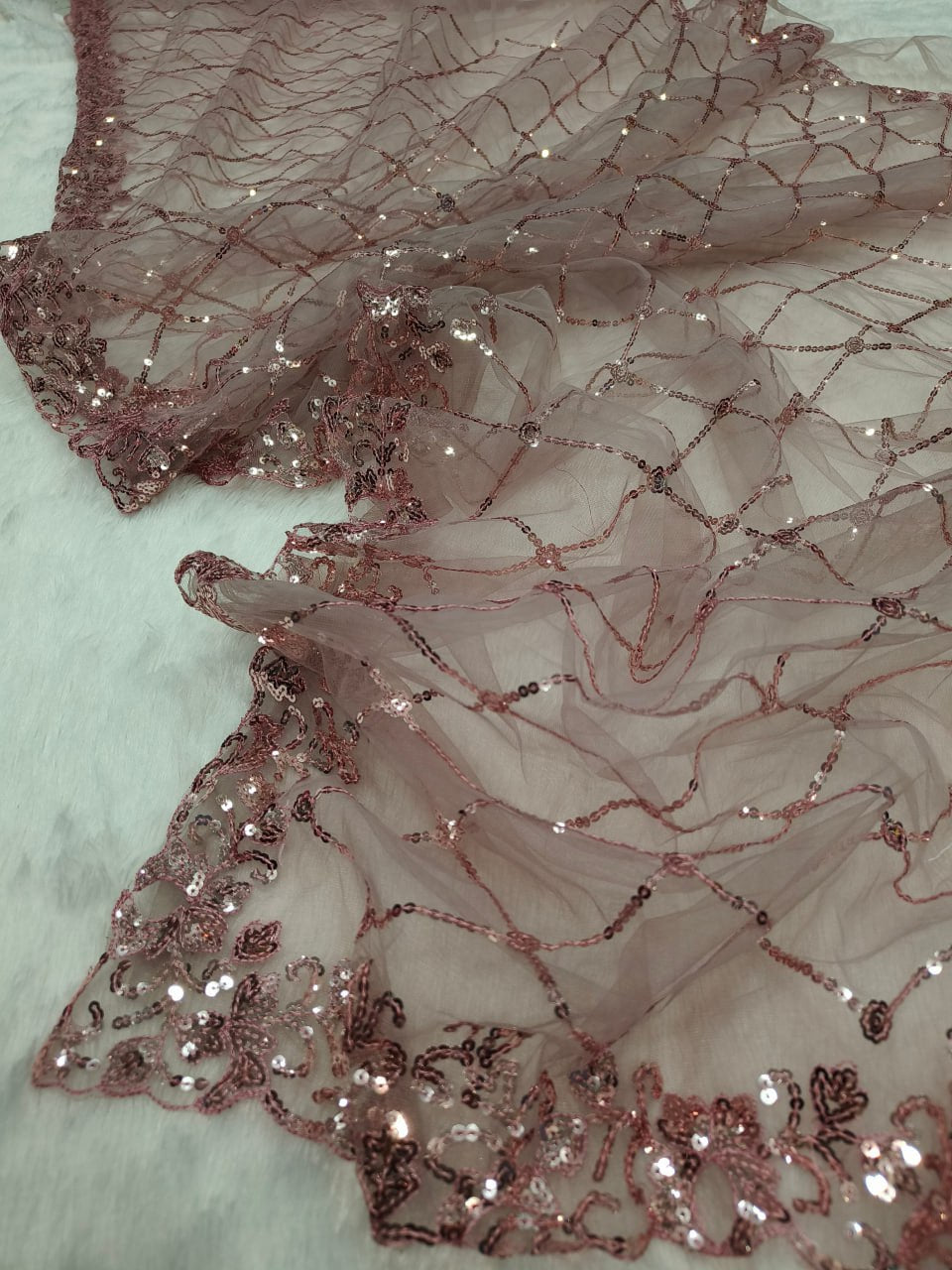 Beautiful sequins Saree Embroidery C Pallu Work with Cutwork in border