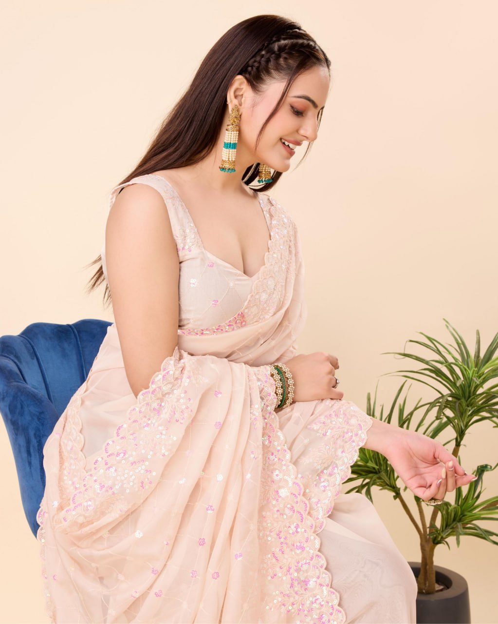 Beautiful Saree for wedding on premium Soft Taby Silk Organza fabric with C-pallu All Over Embroidery Work
