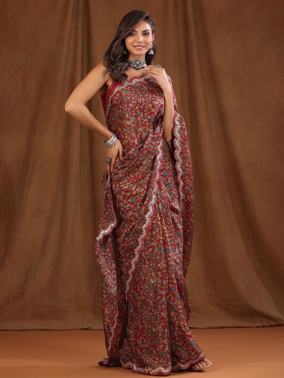 Beautiful Floral Digital Print saree with Gota Embroidery Work Border