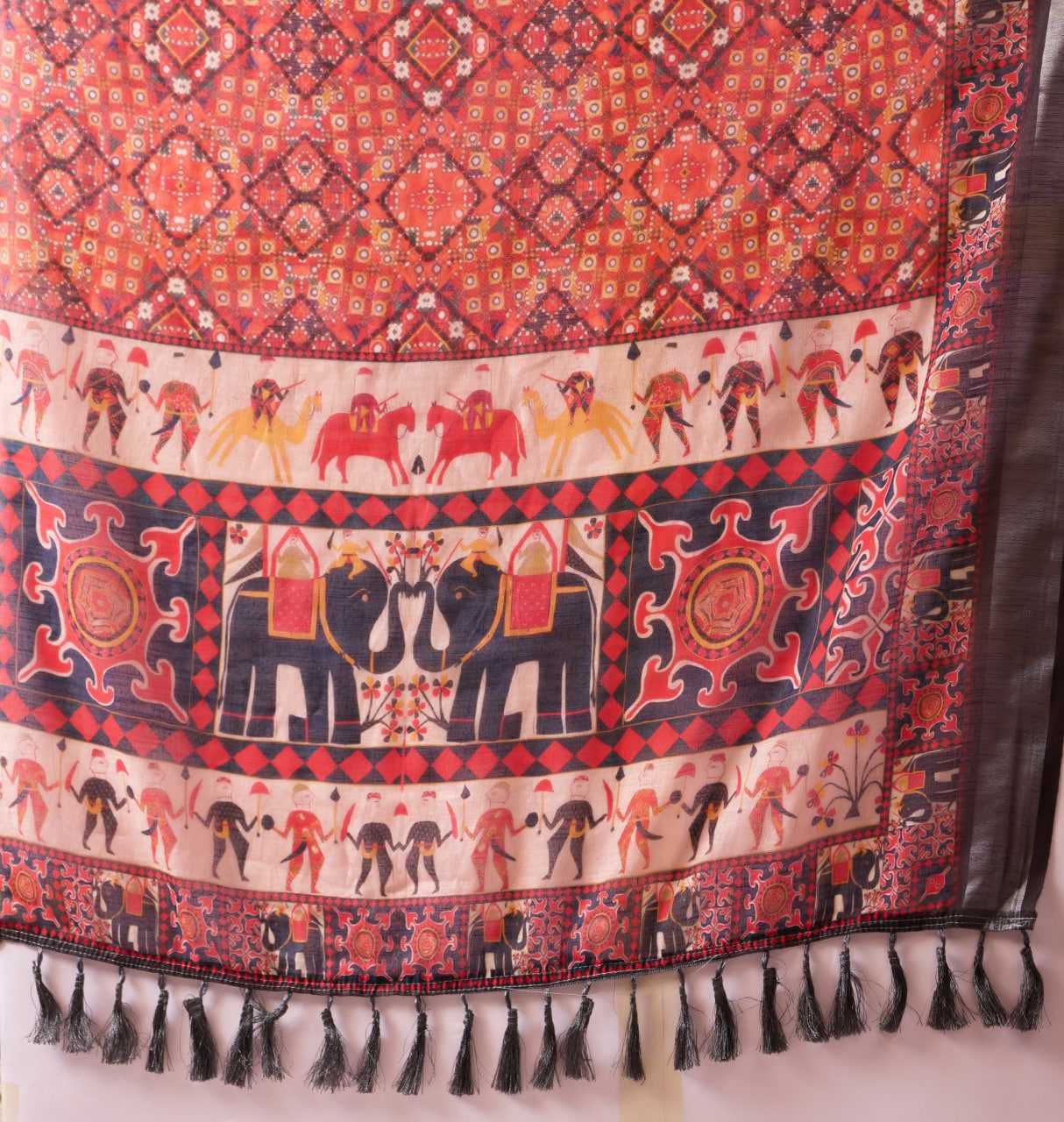 Premium Linen Cotton Saree with Digital Floral & Ethnic Print and Patola Style Contrast Border
