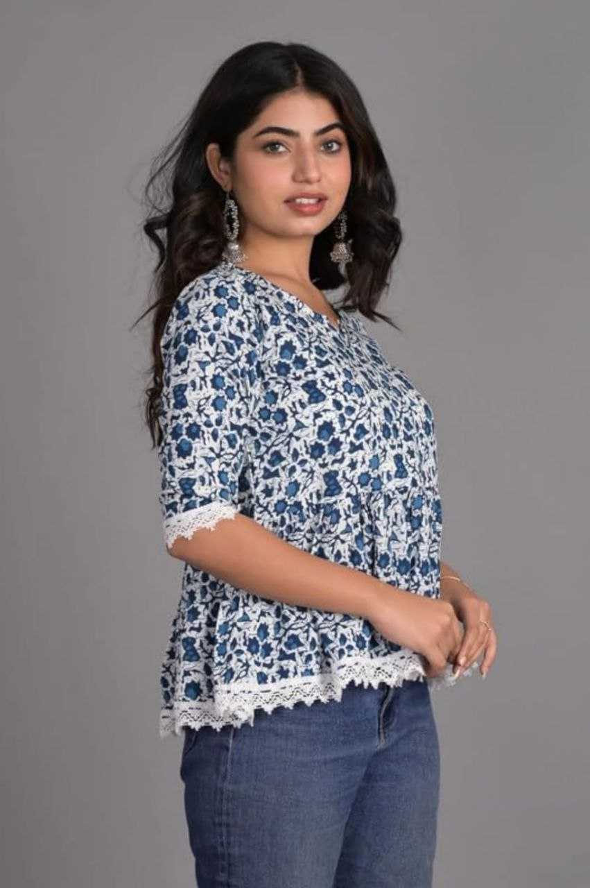 Cotton Sky Blue Casual Wear Printed Readymade Top