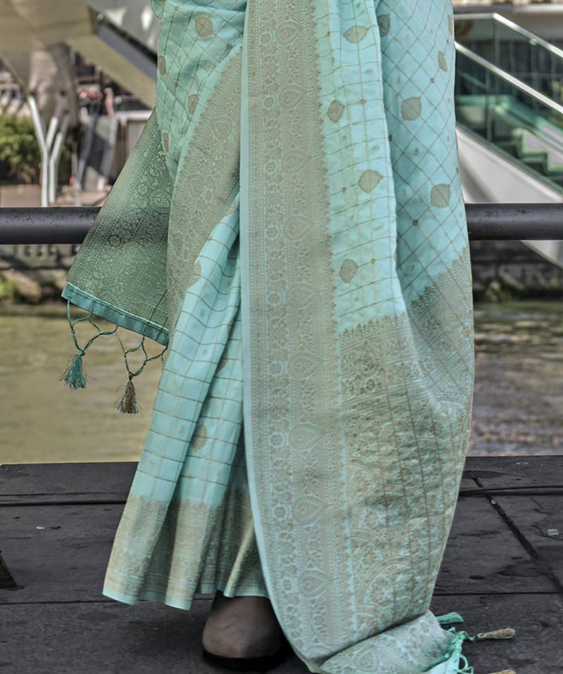 Pure Katan Silk Checks Handloom Weaving Saree (Turquoise Blue)