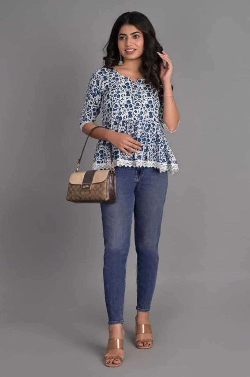 Cotton Sky Blue Casual Wear Printed Readymade Top